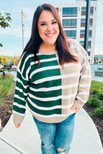 Load image into Gallery viewer, Striped Color Block Sweater in Hunter Green &amp; Taupe
