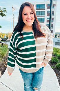 Striped Color Block Sweater in Hunter Green & Taupe