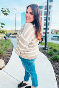 Striped Color Block Sweater in Hunter Green & Taupe