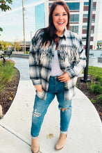 Load image into Gallery viewer, Boldly You Navy Plaid Fringe Button Down Shacket
