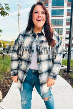 Load image into Gallery viewer, Boldly You Navy Plaid Fringe Button Down Shacket
