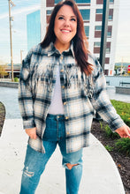 Load image into Gallery viewer, Boldly You Navy Plaid Fringe Button Down Shacket
