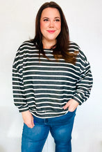 Load image into Gallery viewer, Look Striking Charcoal Stripe Terry Banded Dolman Pullover
