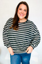 Load image into Gallery viewer, Look Striking Charcoal Stripe Terry Banded Dolman Pullover
