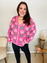 Load image into Gallery viewer, All For Love Fuchsia Flower Print Button Down Knit Cardigan
