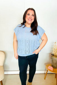 The Perfect Find Dolman Short Sleeve Crochet Sweater Top in Sky Blue