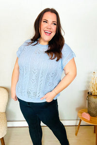 The Perfect Find Dolman Short Sleeve Crochet Sweater Top in Sky Blue