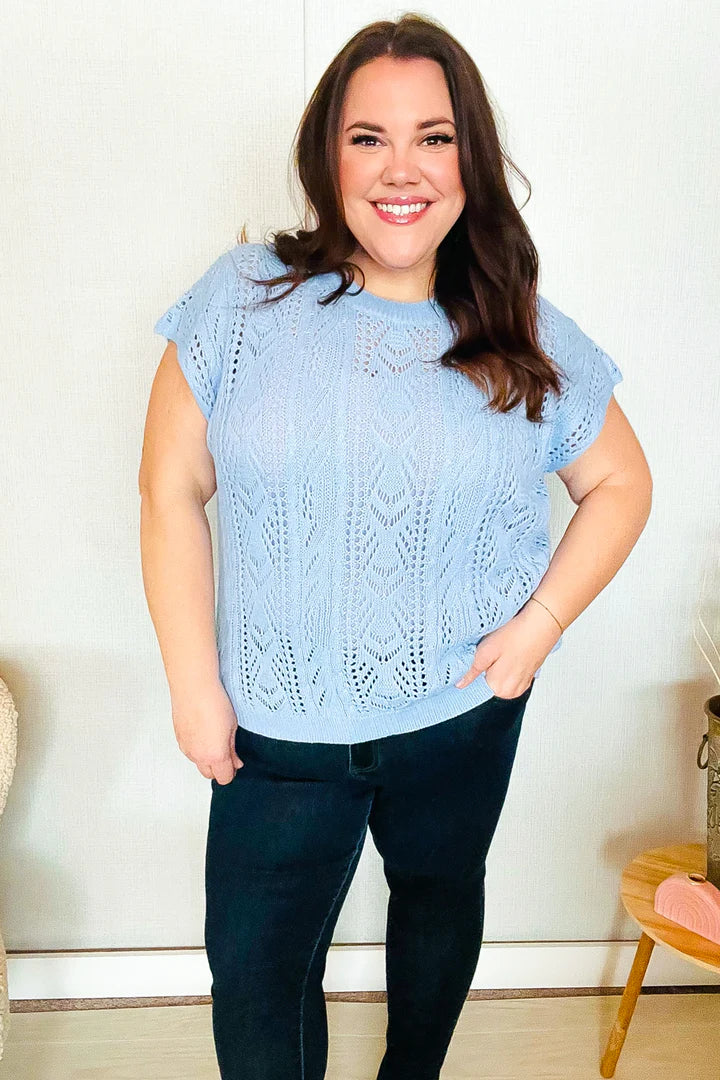 The Perfect Find Dolman Short Sleeve Crochet Sweater Top in Sky Blue