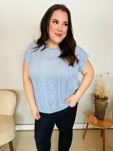 The Perfect Find Dolman Short Sleeve Crochet Sweater Top in Sky Blue