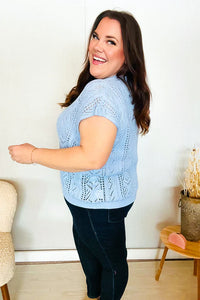 The Perfect Find Dolman Short Sleeve Crochet Sweater Top in Sky Blue