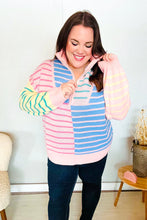 Load image into Gallery viewer, Perfectly Poised Blush &amp; Blue Stripe Half Zip Up Oversized Sweater
