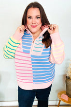 Load image into Gallery viewer, Perfectly Poised Blush &amp; Blue Stripe Half Zip Up Oversized Sweater
