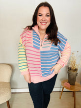 Load image into Gallery viewer, Perfectly Poised Blush &amp; Blue Stripe Half Zip Up Oversized Sweater
