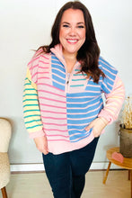 Load image into Gallery viewer, Perfectly Poised Blush &amp; Blue Stripe Half Zip Up Oversized Sweater
