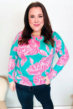 Load image into Gallery viewer, Find Love Aqua/Pink Fitted Floral Print Buttery Soft Knit Top
