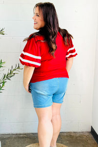 Stand Out  "TOUCHDOWN" Sequin Bubble Sleeve Game Day Top in Red