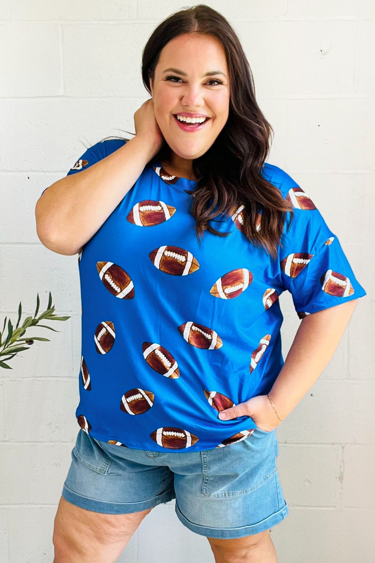 Game Day Football Print Knit Top in Blue