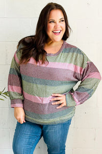 Classic Chic Olive & Burgundy Striped Textured Knit Top