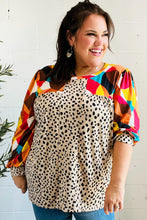 Load image into Gallery viewer, Rust &amp; Khaki Geometric Animal Print Color Block Bubble Sleeve Top
