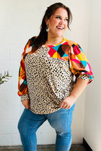 Load image into Gallery viewer, Rust &amp; Khaki Geometric Animal Print Color Block Bubble Sleeve Top
