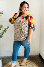 Load image into Gallery viewer, Rust &amp; Khaki Geometric Animal Print Color Block Bubble Sleeve Top
