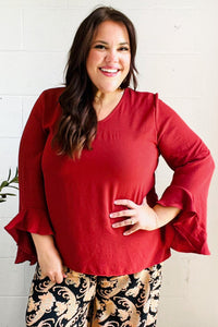 Falling In Love Hi-Lo Ruffle Sleeve Woven Top in Rust