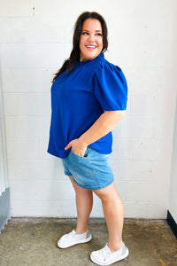 Lovely In Holiday Blue Frill Mock Neck Woven Top