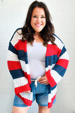Load image into Gallery viewer, Simply Patriotic Red White &amp; Blue Striped Crochet Cardigan
