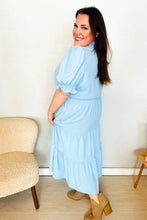 Load image into Gallery viewer, Follow Me Aqua Frill Notch Neck Shirred Waist Tiered Maxi Dress
