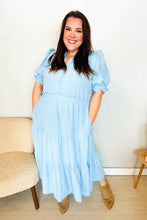 Load image into Gallery viewer, Follow Me Aqua Frill Notch Neck Shirred Waist Tiered Maxi Dress
