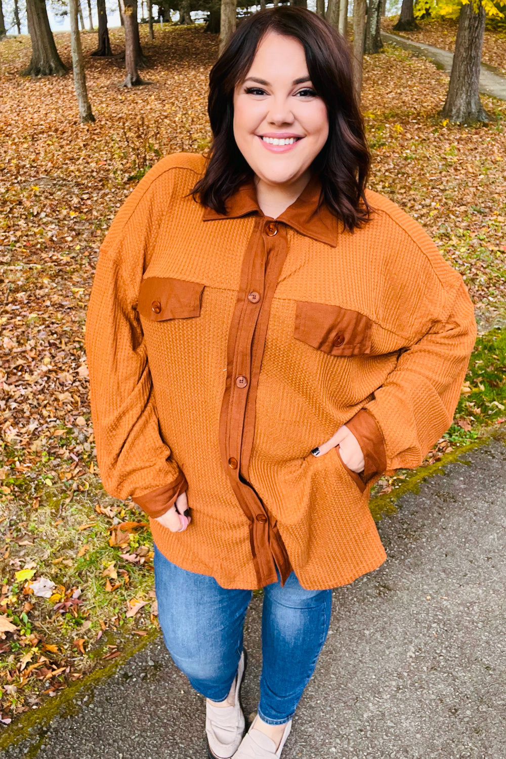 Rust Waffle Button Down Oversized Shacket