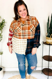 Catch Glances Muticolor Plaid Color Block Snap Button Shacket