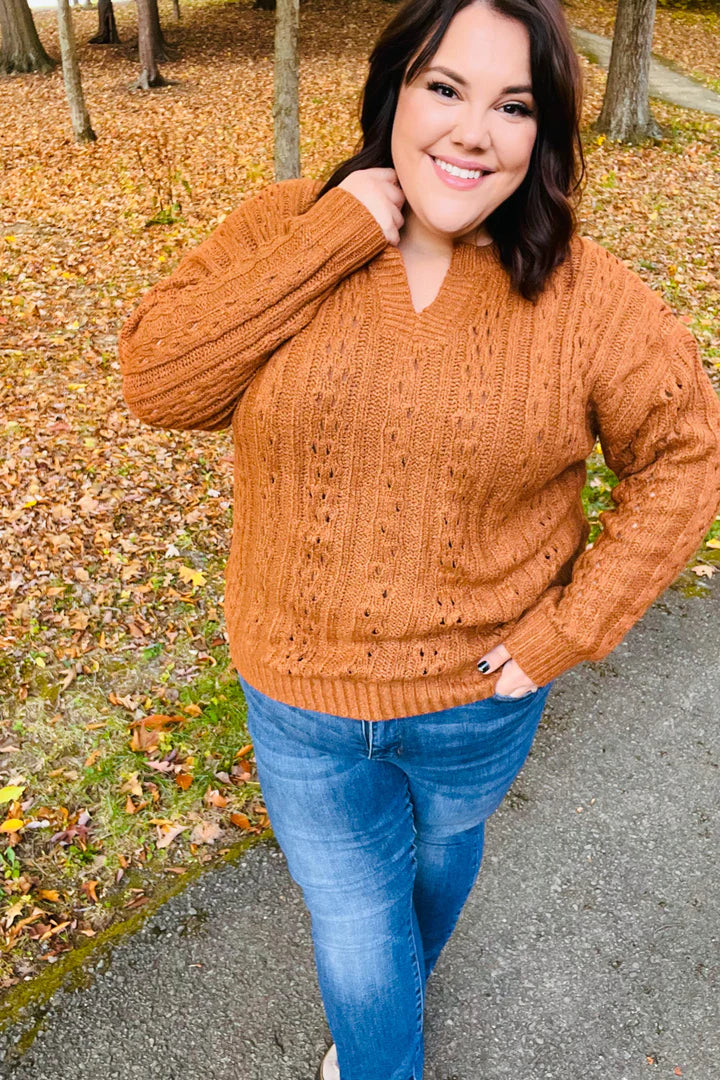 Can't Resist Cable Knit Notched Neck Pullover Sweater