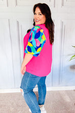 Load image into Gallery viewer, Tell Your Story Fuchsia Geo Print Puff Sleeve V Neck Top
