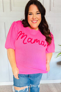 "Mama" Embroidery Puff Sleeve Sweater Top Pink