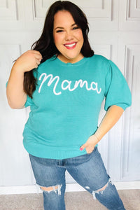"Mama" Embroidery Pop-Up Puff Sleeve Sweater Top in Mint