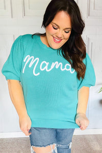 "Mama" Embroidery Pop-Up Puff Sleeve Sweater Top in Mint