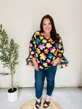 Load image into Gallery viewer, Be Bold Black Floral Hi-Lo Ruffle Sleeve Woven Top
