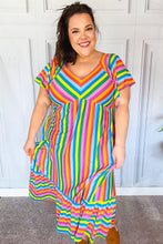 Load image into Gallery viewer, Bright Thoughts Rainbow Stripe Flutter Sleeve Fit &amp; Flare Midi Dress
