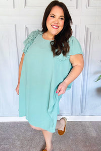 Out For The Day Crinkle Woven Ruffle Sleeve Dress in Sage