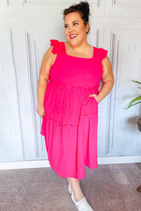 Lots To Love Smocked Flutter Sleeve Tiered Midi Dress in Fuchsia