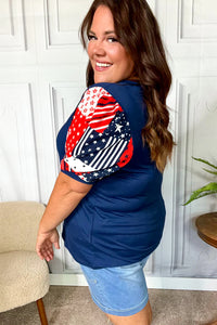 Holiday Stand-Out Navy Patriotic Patchwork Puff Sleeve Top