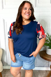 Holiday Stand-Out Navy Patriotic Patchwork Puff Sleeve Top