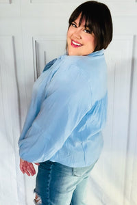 All Of Me Collared Notched Neckline Cotton Top in Blue