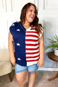 Stars & Stripes Americana V Neck Dolman Sweater Top