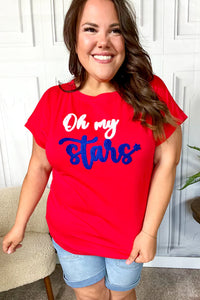 Oh My Stars Red Embroidered French Terry Dolman Top