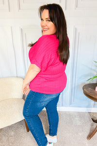 Be Your Best Cable Knit Dolman Short Sleeve Sweater Top in Fuchsia