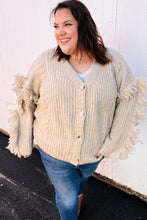 Load image into Gallery viewer, Weekend Ready Oatmeal V Neck Fringe Chunky Cable Cardigan
