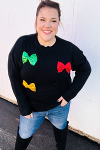 Making Spirits Bright Black Multicolor Sequin Bow Knit Sweater