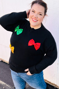 Making Spirits Bright Black Multicolor Sequin Bow Knit Sweater